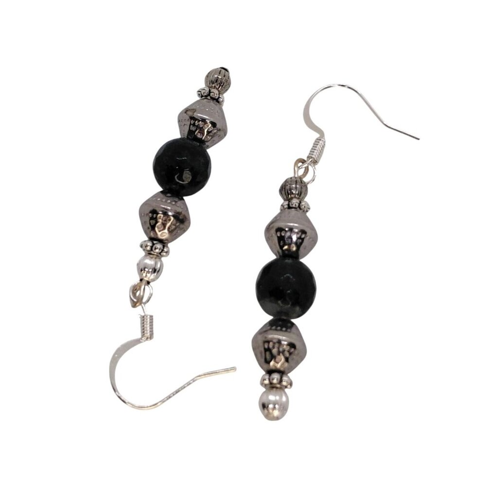 Black silver tone earrings 925 plated earwires petite handmade